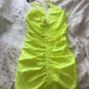 Vibrant Yellow Ruched Halter Dress
